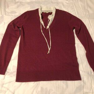 Loft Tie Neck Mixed Media Pullover Stretch V-neck Sweater Women's Burgundy S